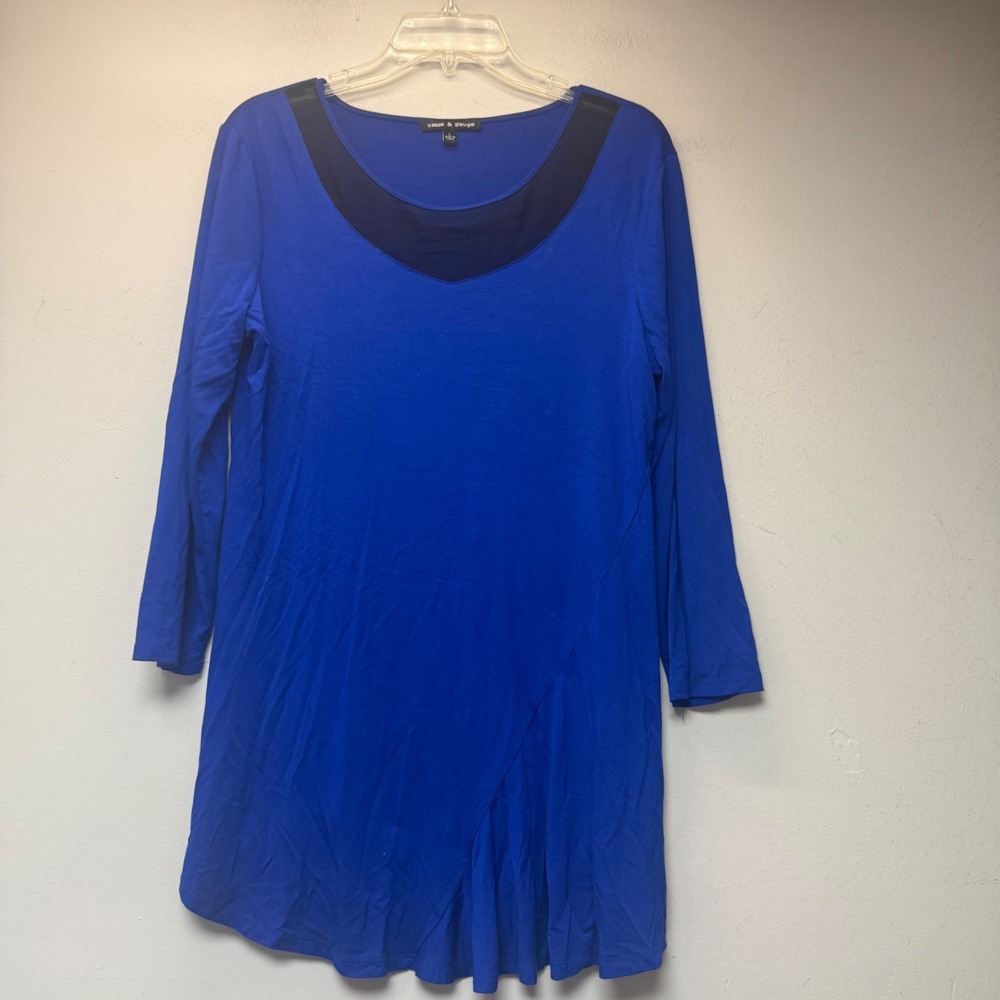 Cable & Gauge Tunic Top Womens L Blue Excellent Mesh Trim Asymmetric Hem 14444